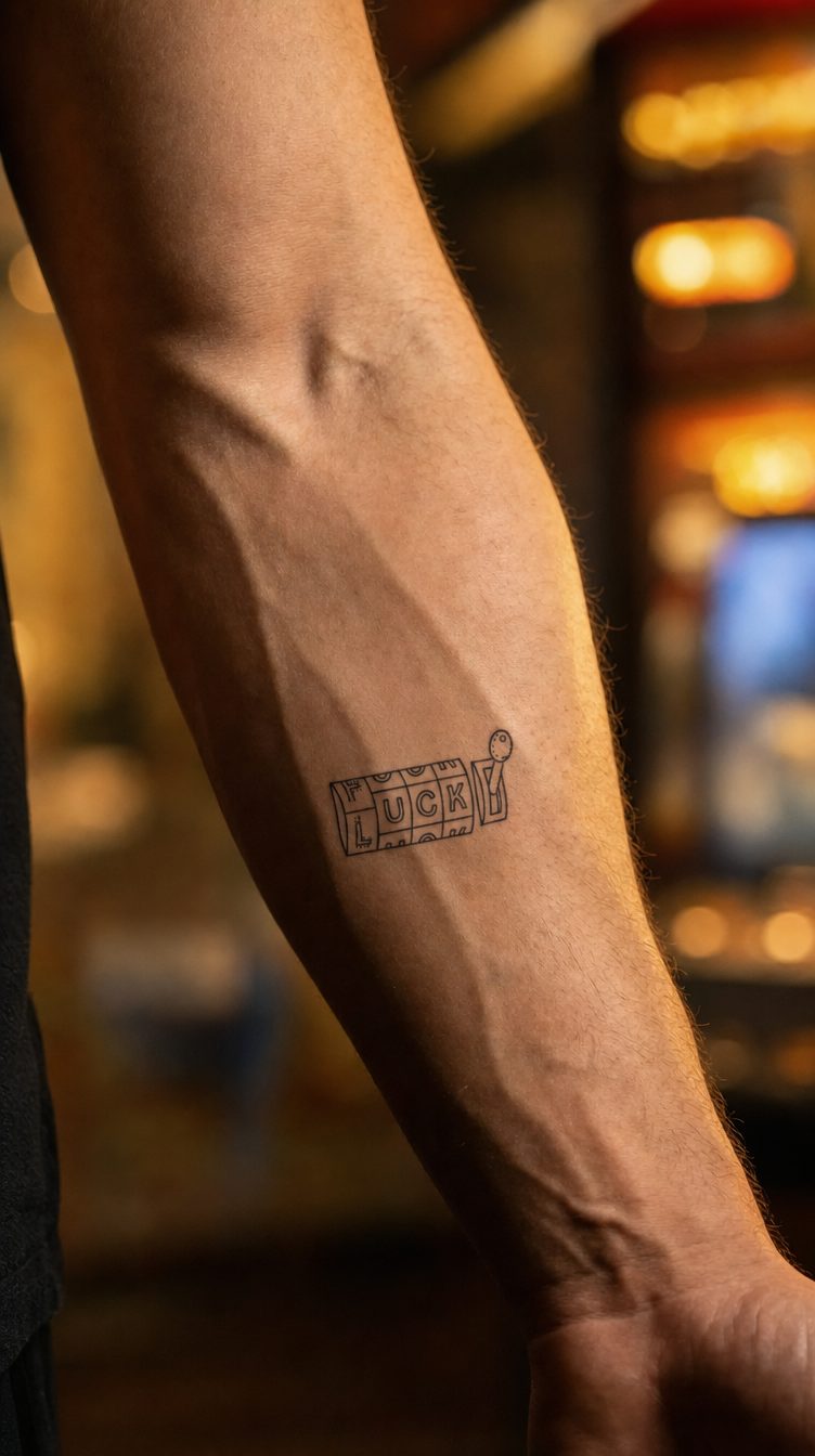 Tatuaj temporar cu un aparat de jocuri de noroc, din colecția de motive norocoase, aplicat pe piele