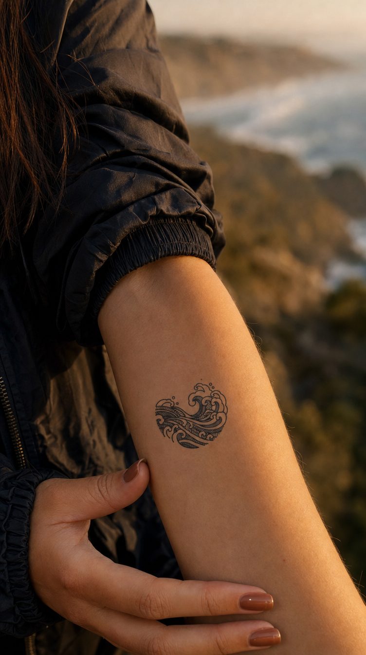 Tatuaj temporar Haiku, cu linii fine și temă marină, aplicat pe piele