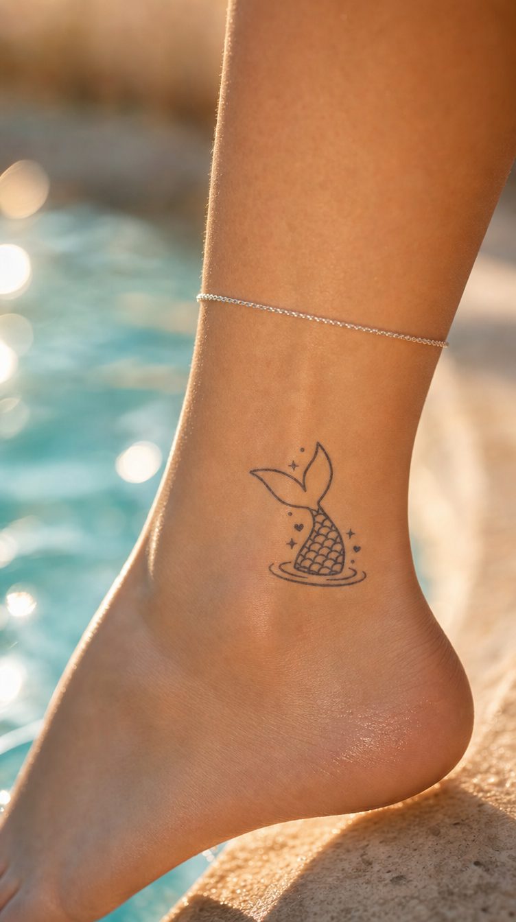 Desen liniar pe piele reprezentând o coadă de sirenă, exemplu de dimensiune și grosime a liniilor pentru un personaj narativ