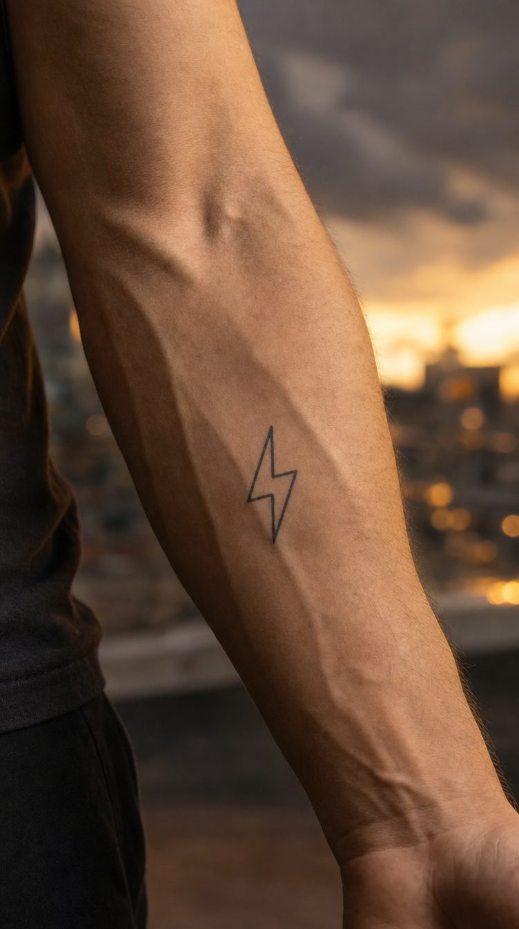 Tatuaj minimalist cu fulger, în stil liniar, pe antebraț