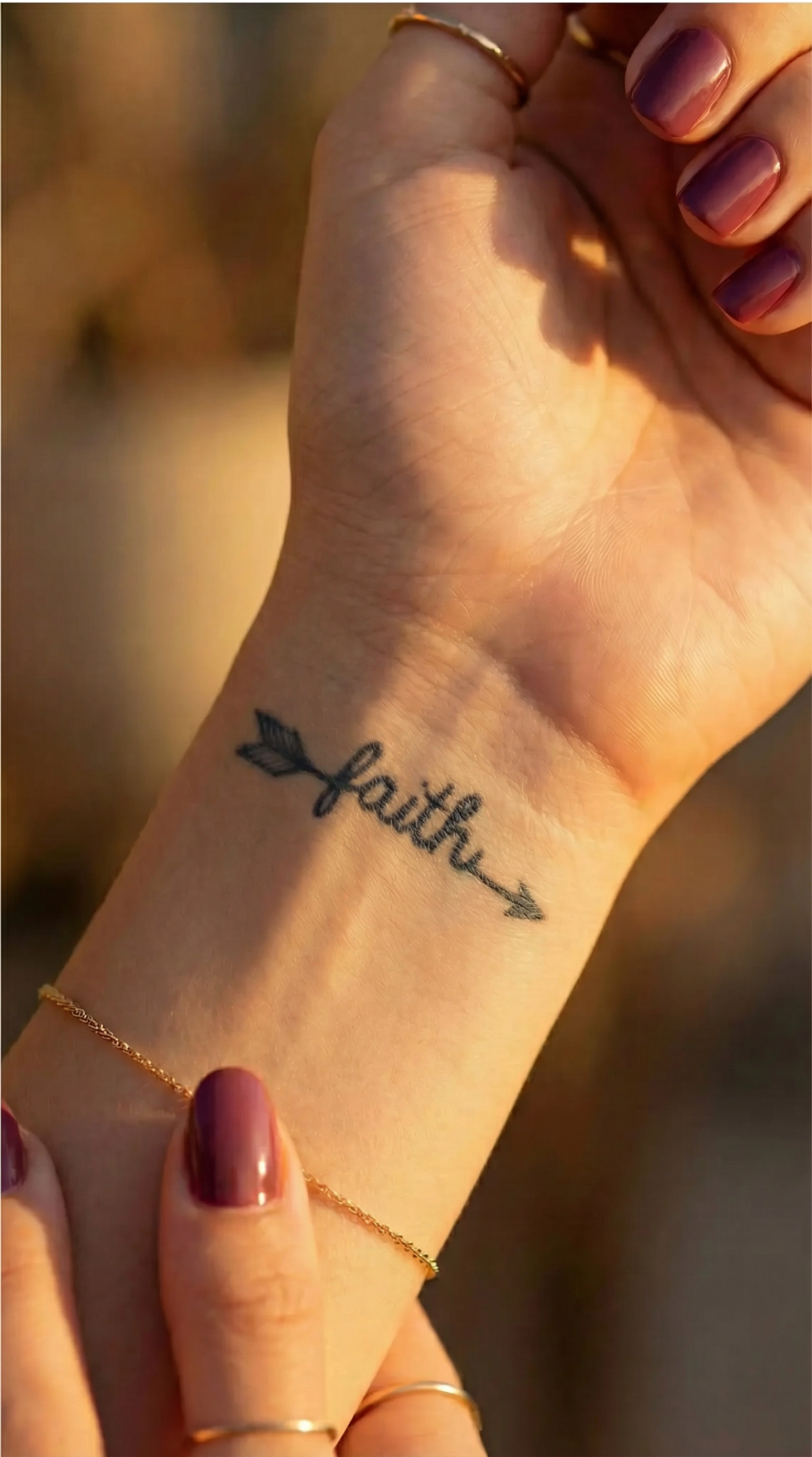 Tatuaj temporar cu inscripția Arrow, cuvântul faith și un motiv cu săgeată pe antebraț