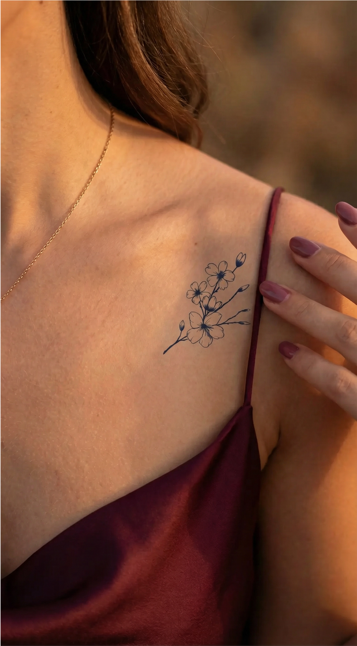 Motiv de tatuaj temporar Sakura în stil fine line, cu o ramură de flori de cireș