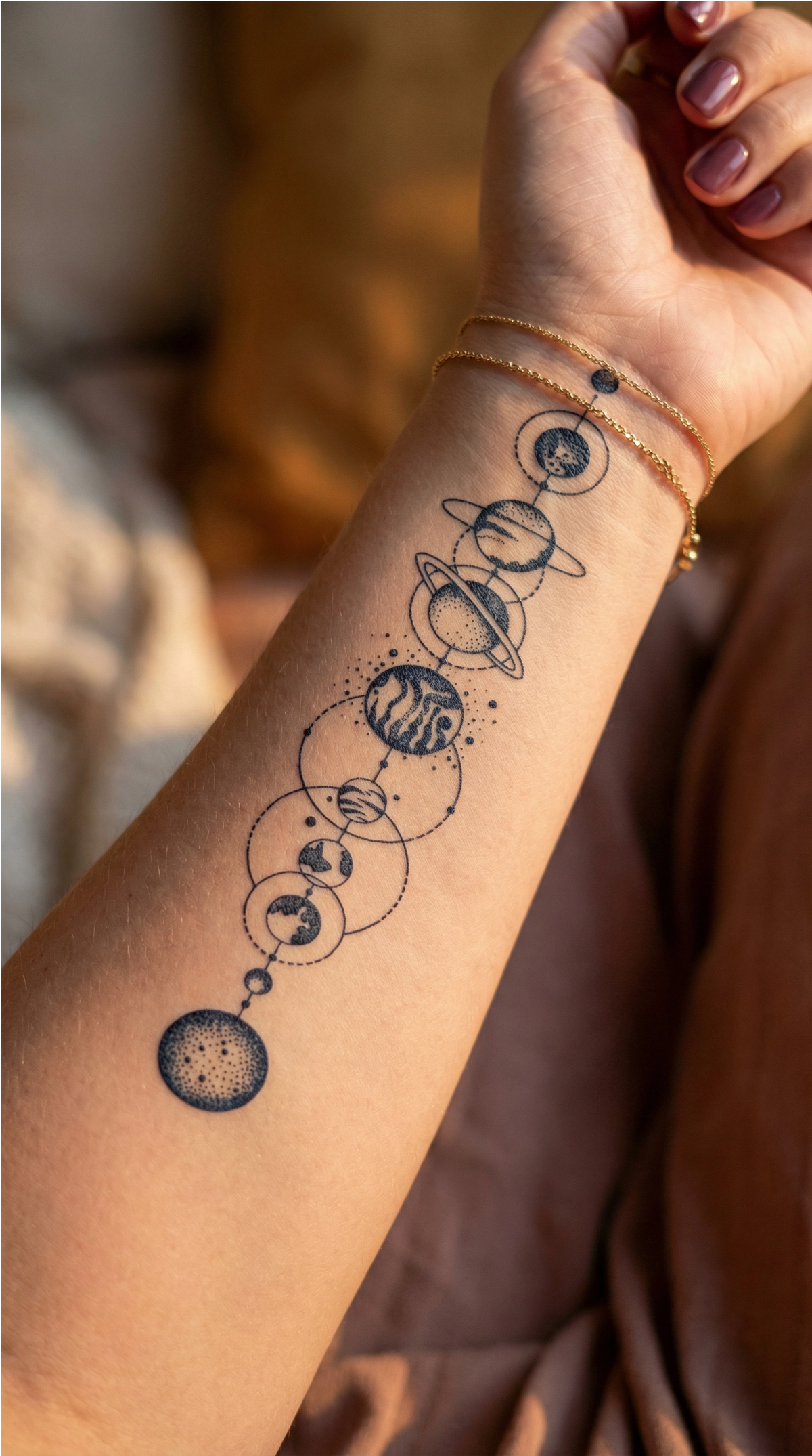 Solar, design geometric blackwork cu forme interconectate, aplicat pe piele